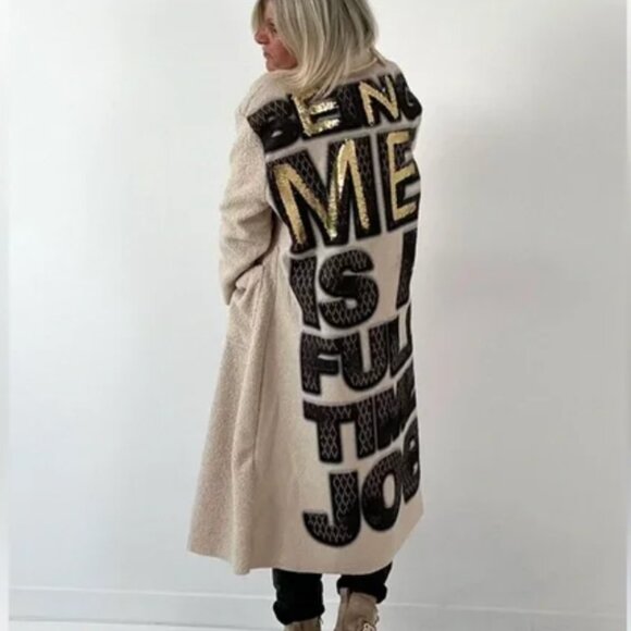 ShopEvelynne Jackets & Blazers - MADE IN ITALY Beige Long Coat with Black and Gold Accents